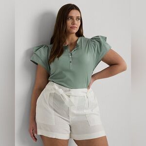 Ralph Lauren Stretch Cotton Flutter-Sleeve Henley Top Size L NWT